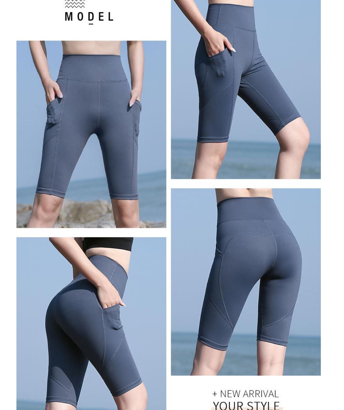 A collage of four images showcases a person wearing the Women’s Pro Pickleball Streamlined Above Knee Compression Shorts in blue by Klyng. These shorts, designed with high-waisted and side pockets features, are made from moisture-wicking fabric. The images highlight various angles: front, side, back, and the shorts in motion by the seaside.