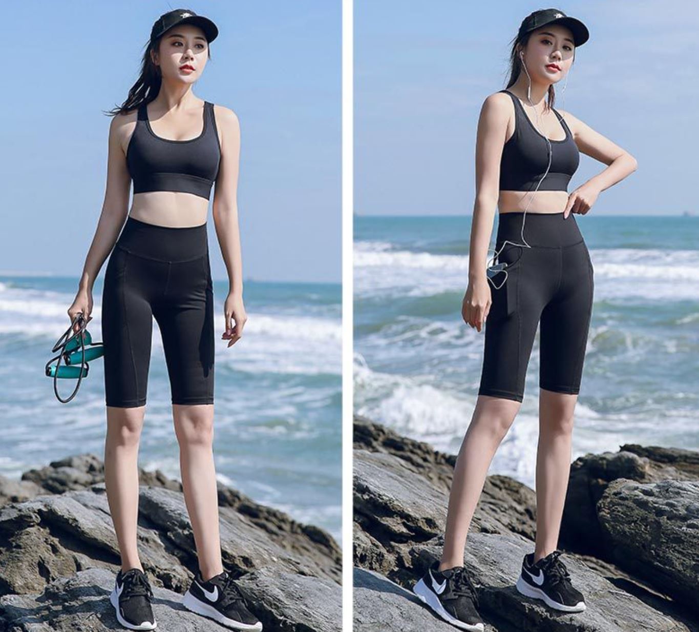 Two women wearing Klyng’s Women’s Pro Pickleball Streamlined Above Knee Compression Shorts stand on rocks by the ocean, their attire boasting moisture-wicking fabric for ultimate comfort. One holds sunglasses, the other wears earphones. Both wear caps and sneakers, enjoying muscle support as waves crash under a clear sky.