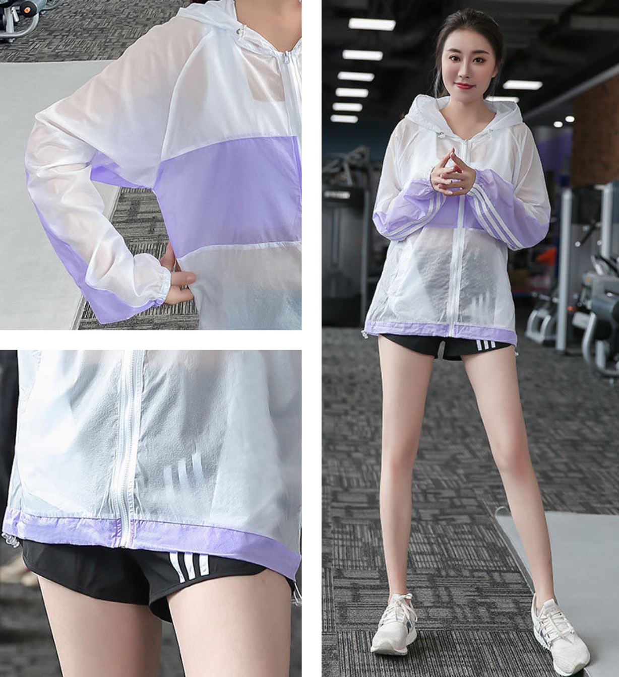 A woman at the gym is dressed in a Klyng’s Women’s Pro Pickleball Super Lightweight Sun Jacket, which is sheer with a white and light purple design. It features a hood for sun protection and is paired with black shorts accented with white stripes. The image provides both full-body shots and close-up views of the jacket's lightweight construction, set against a backdrop of exercise equipment.