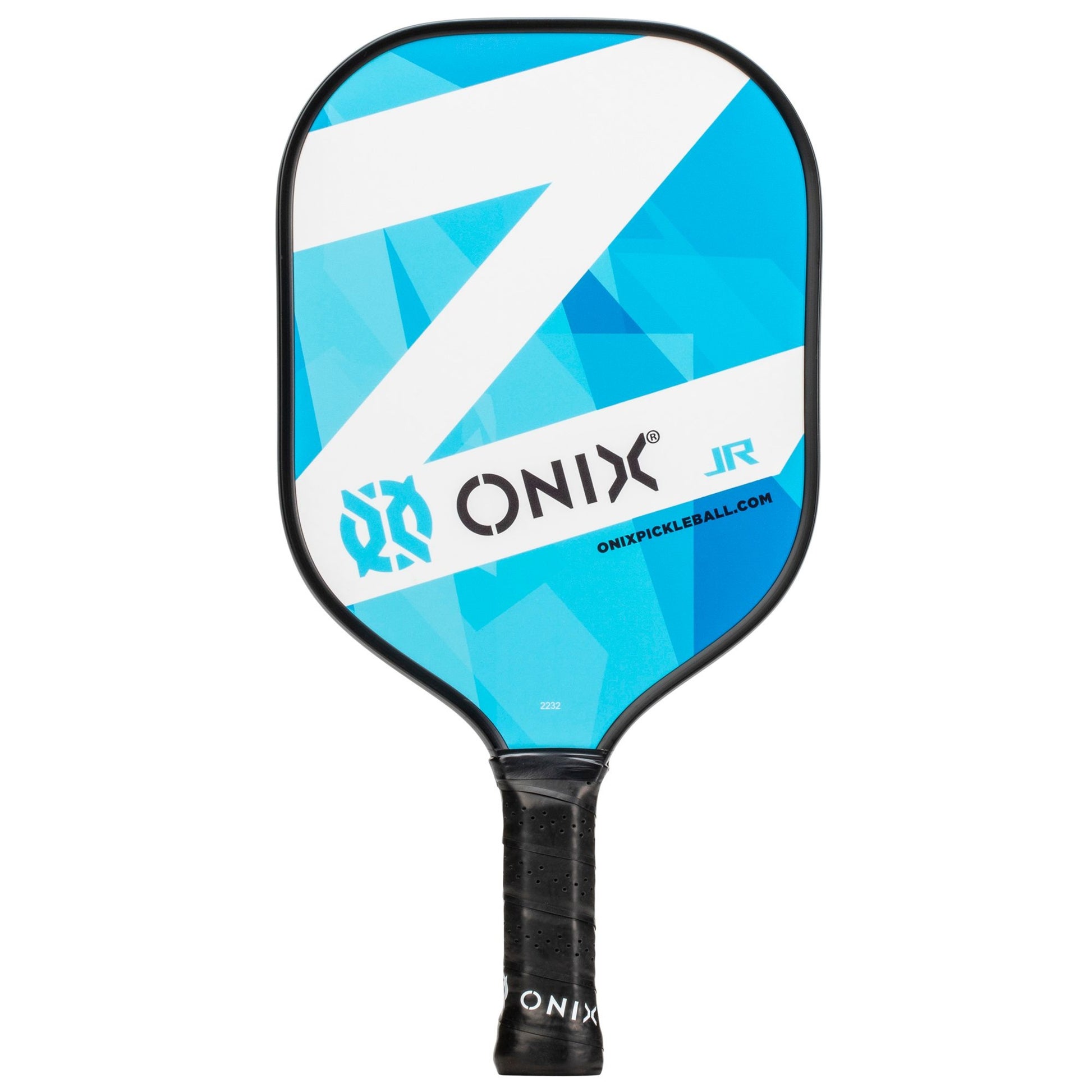 Introducing the Onix Composite Z Junior Pickleball Paddle, designed with a striking blue and white geometric pattern. Ideal for junior players, this paddle boasts a composite face and a polypropylene honeycomb core. The prominent ONIX branding is featured alongside onixpickleball.com, with "ONIX" elegantly displayed at the base of its black handle.