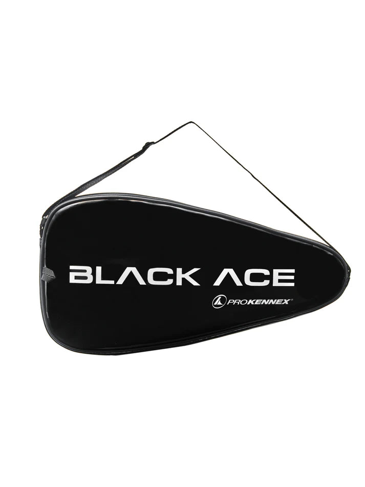 A black tennis racket bag featuring the text "Black Ace Ovation" and "Prokennex" in white. This bag, designed with a TORAY-faced carbon pickleball paddle for enhanced durability, is perfectly shaped to accommodate a racket and includes a shoulder strap for convenient carrying.