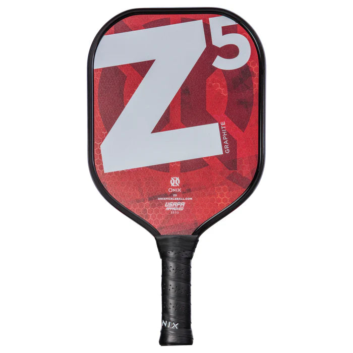 The Graphite Z5 v2 Pickleball Paddle, ideal for intermediate players, showcases a vibrant red face adorned with a prominent white Z5 logo. Its black handle provides a secure grip, while the Nomex honeycomb core delivers both power and precision. The elegant Onix brand name is displayed near the handle.