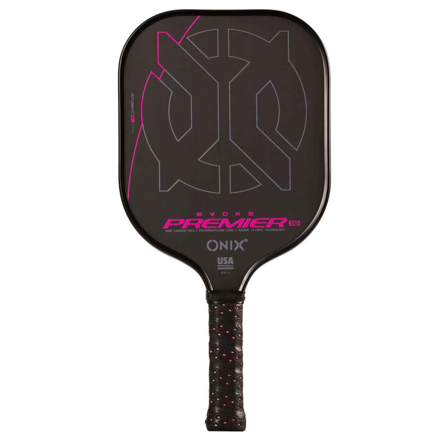 The Onix Evoke Premier Pro Raw Carbon Pickleball Paddle in pink showcases a sleek black face adorned with a vibrant geometric design and intricate text. It features a lightweight construction enhanced by a carbon fiber surface, while the black handle includes a patterned grip for exceptional control.