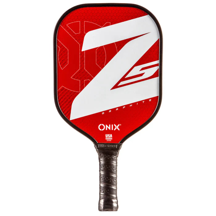 The Graphite Z5 v3 Pickleball Paddle by Onix comes in a vibrant red color and features a protective black edge guard and grip. Its striking white graphics, highlighted by the iconic letter Z and Onix logo, ensure it stands out on the court.