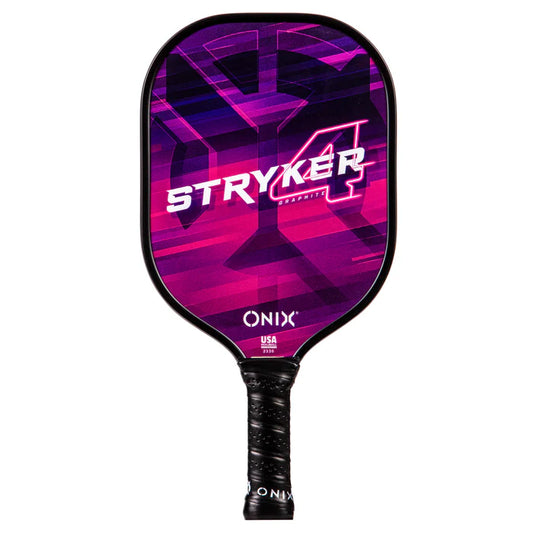 The Onix Graphite Stryker 4 v2 Pickleball Paddle features a purple and pink design with geometric patterns, a larger sweet spot, a polypropylene core, and a black handle.