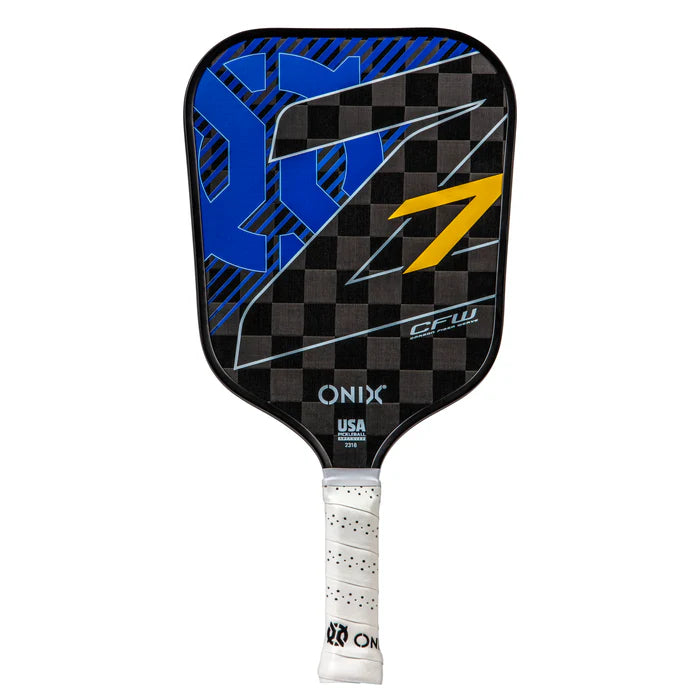 The Graphite Z7 v2 Pickleball Paddle is a high-performance paddle with a sleek black and gray checkered design that includes eye-catching blue and yellow accents. Made from lightweight carbon fiber, it prominently features the Onix brand name and "USA Pickleball Approved" on its surface. The handle is wrapped in white grip tape for added comfort.