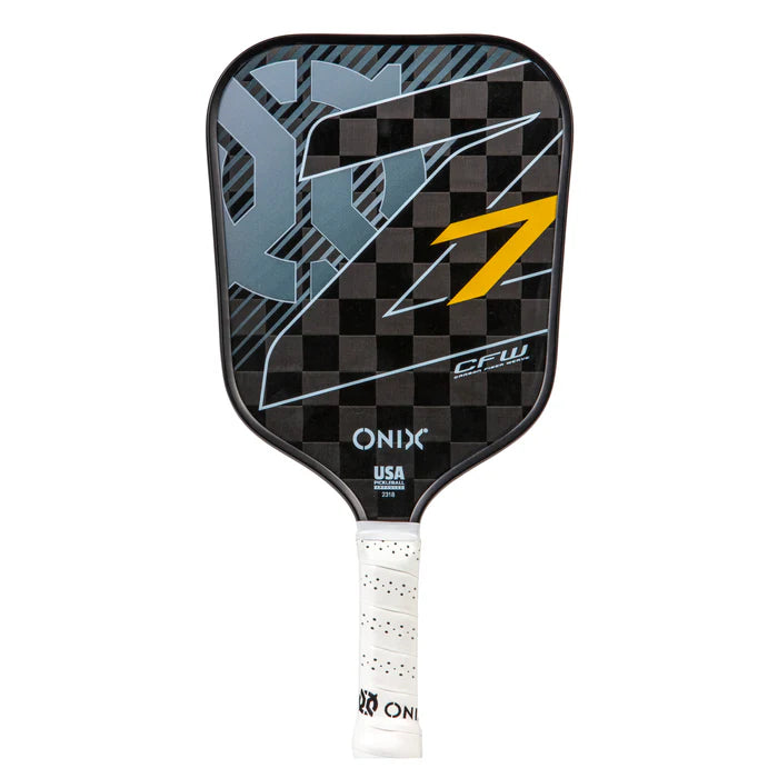 The Onix Graphite Z7 v2 Pickleball Paddle is approved by USA Pickleball and showcases a checkered black and gray design complemented by bold yellow accents. This paddle features a white handle adorned with black details and is constructed from lightweight carbon fiber, ensuring exceptional performance. Proudly made in the USA.