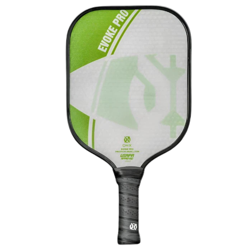 Introducing the Onix Composite Evoke Pro Pickleball Paddle, adorned with a green and white design. The text "Evoke Pro" is prominently displayed on the upper part of the paddle. It boasts an ideal weight for balanced play, complemented by a black handle with a textured grip for enhanced precision and control.