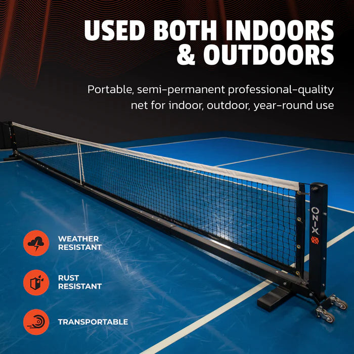 On a blue indoor court, the Onix Pro Pickleball Net demonstrates its professional-quality features, including weather and rust resistance and easy portability with its heavy-duty base. The text reads: Suitable for Indoor and Outdoor Use.