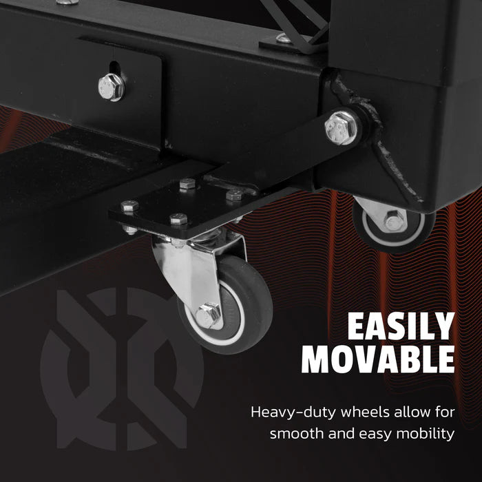 Close-up of a black heavy-duty caster wheel attached to the Onix Pro Pickleball Net, ideal for both indoor and outdoor use. Text on the image reads: Easily Movable. Heavy-duty wheels ensure smooth and easy mobility. The background showcases a subtle design with wavy red lines.