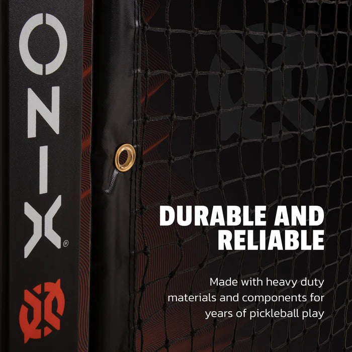 Close-up of an Onix Pro Pickleball Net with "Durable and Reliable" printed on it. Crafted with heavy-duty materials, this net is perfect for indoor and outdoor use. The net and branding details are prominently displayed, ensuring long-lasting performance and visibility.