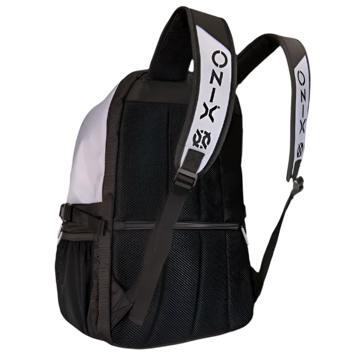 The Pro Team Pickleball Backpack in black and white by Onix features generous storage options, including side pockets and a secure strap system. Made from durable polyester, it ensures resilience for all your activities.