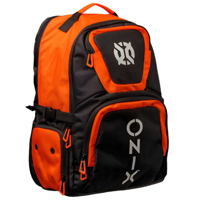 Introducing the Pro Team Pickleball Backpack in Black & Orange by Onix, designed from durable polyester for a sleek look. This backpack provides generous storage space with multiple compartments and zippers. A prominent white logo adorns the front pocket, while the brand name, ONIX, is displayed vertically along with additional side pockets for extra convenience.