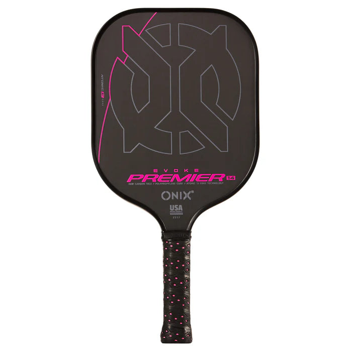 Introducing the Evoke Premier Pro Raw Carbon Pickleball Paddle by Onix—an ultra-lightweight paddle in black with pink accents. This USA Pickleball Approved paddle features a black handle grip decorated with pink and white speckles, while its carbon fibre surface is designed to elevate your game.