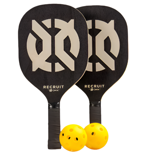 The Recruit Pickleball Paddle Starter Set by Onix includes two black wooden paddles featuring striking white geometric designs, making them perfect for beginner players. These paddles are designed for long-lasting durability and come with two yellow pickleballs with holes, all set against a simple background.