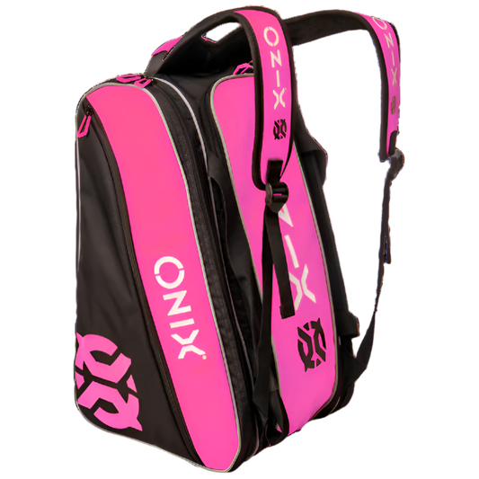 The Pro Team Paddle Pickleball Bag by Onix features a stylish black and pink design. It is made from durable polyester and offers multiple compartments, zippered pockets, and comfortable shoulder straps. The brand logo is prominently displayed on the straps and side, making it an ideal choice for pickleball enthusiasts.